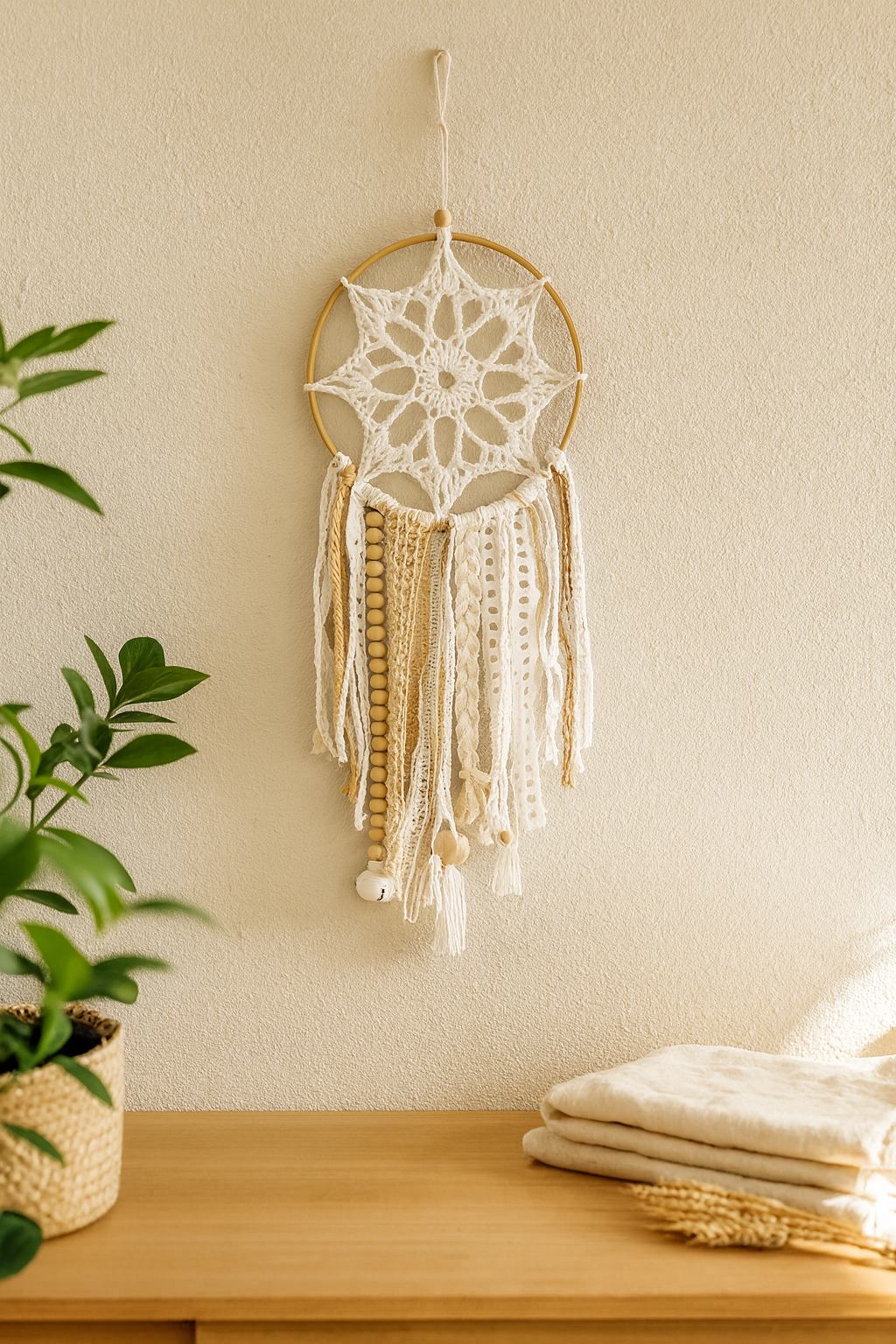 Mandala Átomo Blanco – Decoración boho natural para el hogar Mandala artesanal blanco y beige colgado en pared de estilo boho con luz natural y decoración mediterránea.