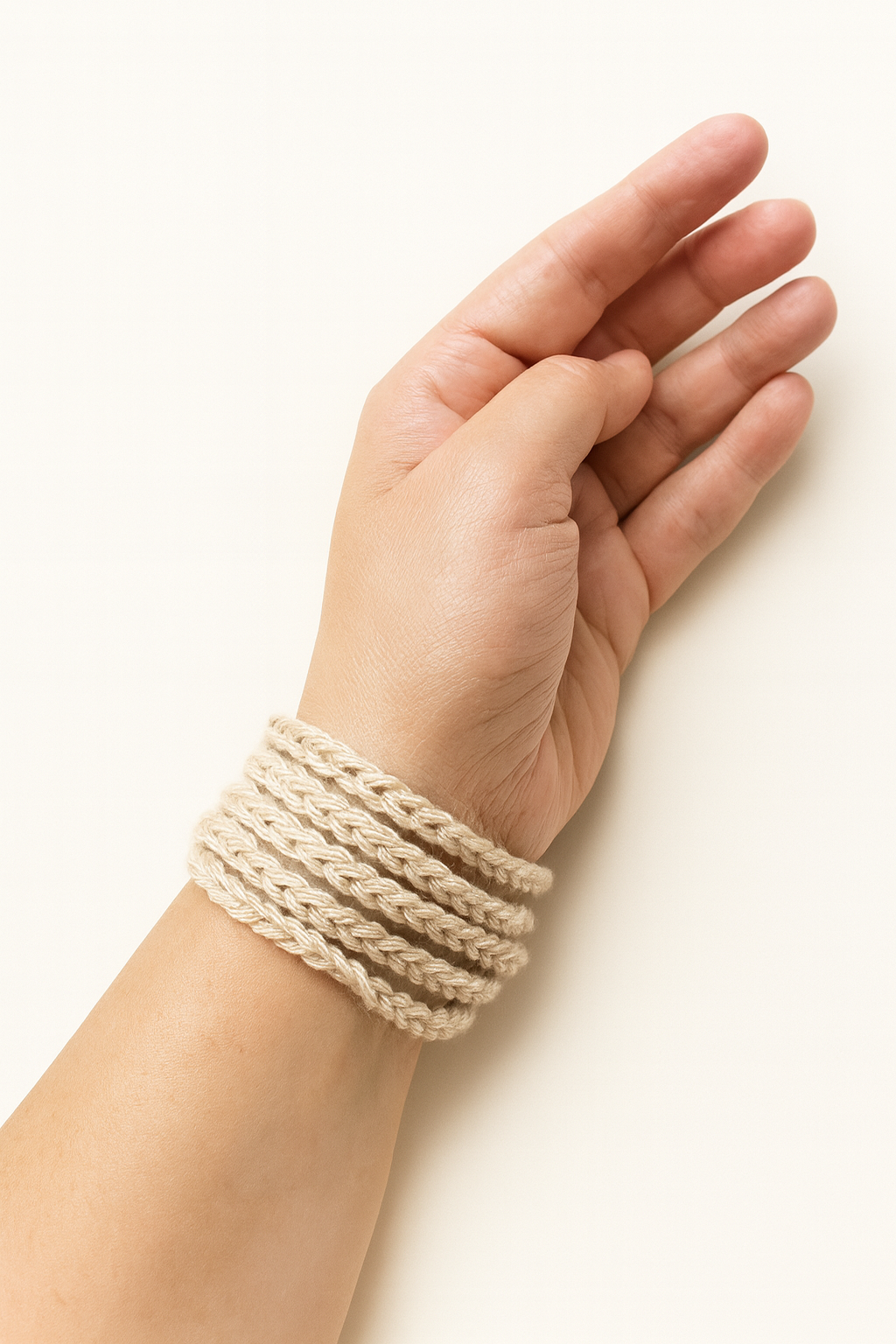 Pulsera Árbol – Hecha a mano con botón de madera y cinco trenzas beige Pulsera artesanal beige de cinco cadenetas con botón de madera decorado con un árbol.