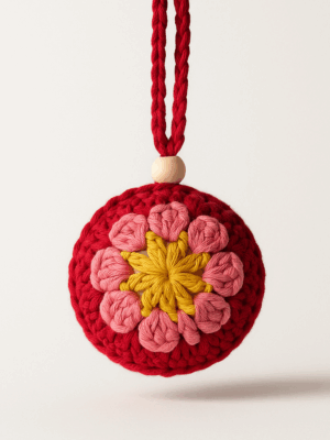 Bola de Navidad tejida a crochet en tonos rosa, rojo y mostaza con detalle de madera, sobre fondo claro.