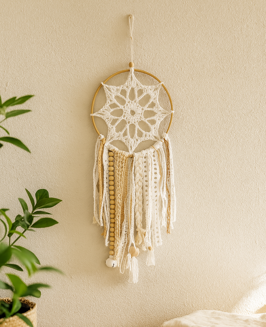 Mandala blanco y beige artesaral y hecho con crochet