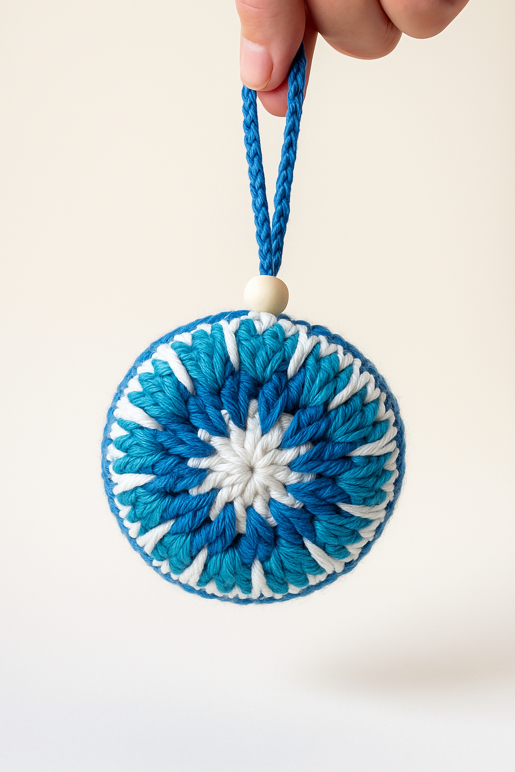 Bola Estrella Azul | Adorno artesanal navideño crochet Adorno navideño artesanal en crochet con forma de estrella en tonos azules y blanco, colgante con cuenta de madera sobre fondo claro.