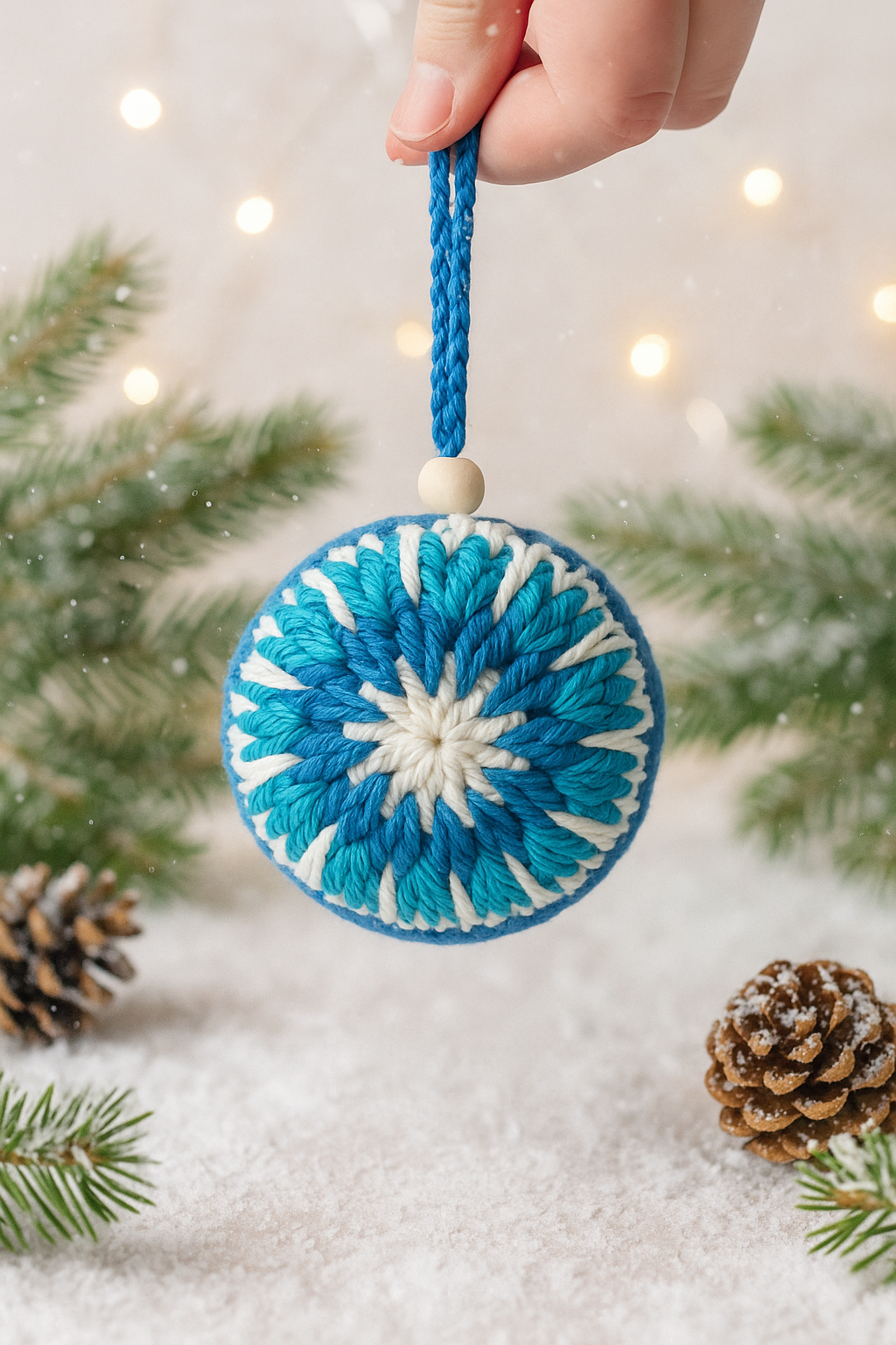 bola_estrella_invierno_crochet_contexto_claro Adorno navideño artesanal de crochet en tonos azules y blanco sobre fondo claro. Bola decorativa con forma de estrella y cuenta de madera, ideal para decoración navideña sostenible.