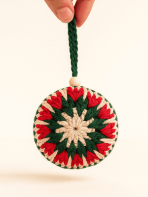 Adorno navideño de crochet hecho a mano en forma de bola con diseño estrellado en tonos rojo, verde y beige, sostenido por un cordón verde con cuenta de madera.