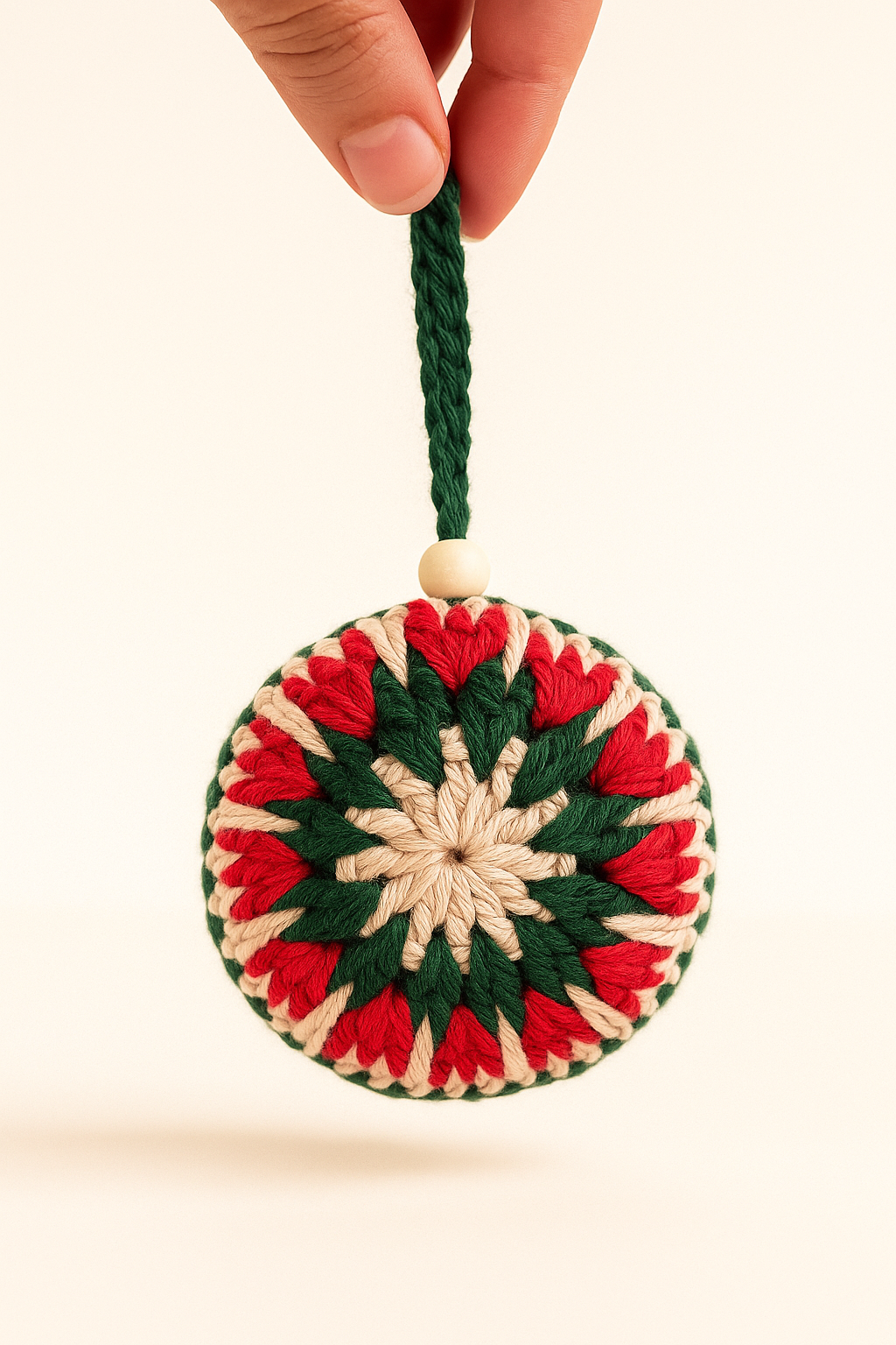 bola_estrella_invierno_verde_roja Adorno navideño de crochet hecho a mano en forma de bola con diseño estrellado en tonos rojo, verde y beige, sostenido por un cordón verde con cuenta de madera.