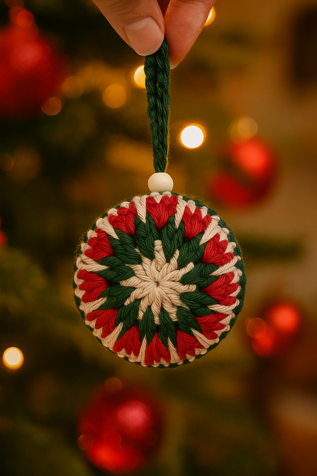 bola_estrella_invierno_verde_roja_contexto Adorno navideño de crochet hecho a mano en forma de bola con diseño estrellado en tonos rojo, verde y beige, sostenido por un cordón verde con cuenta de madera.