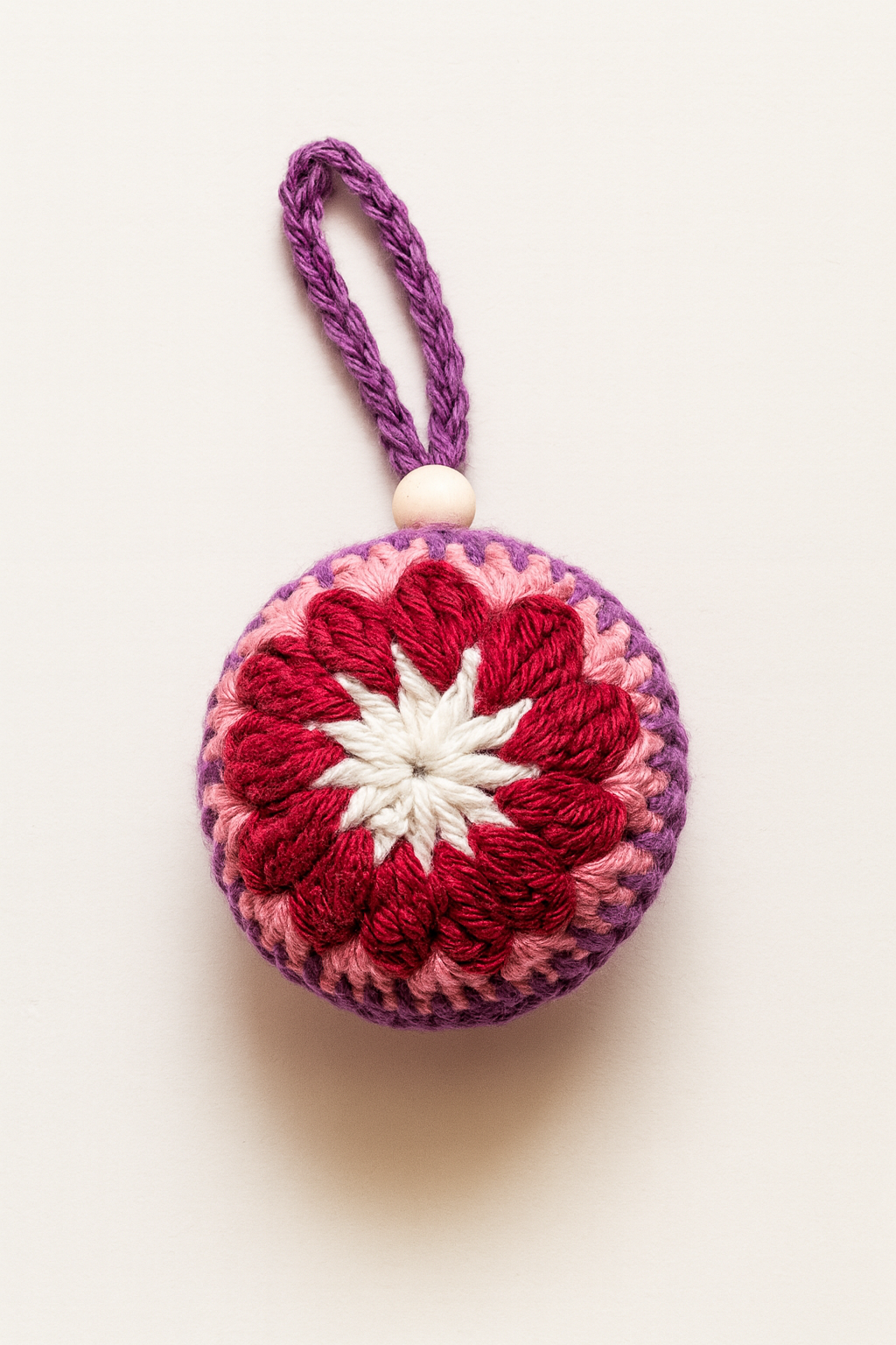 Bola flor roja de crochet con detalle en madera | Adorno navideño artesanal Adorno navideño artesanal de crochet en tonos rojos, rosas y blanco con detalle de cuenta de madera sobre fondo blanco.