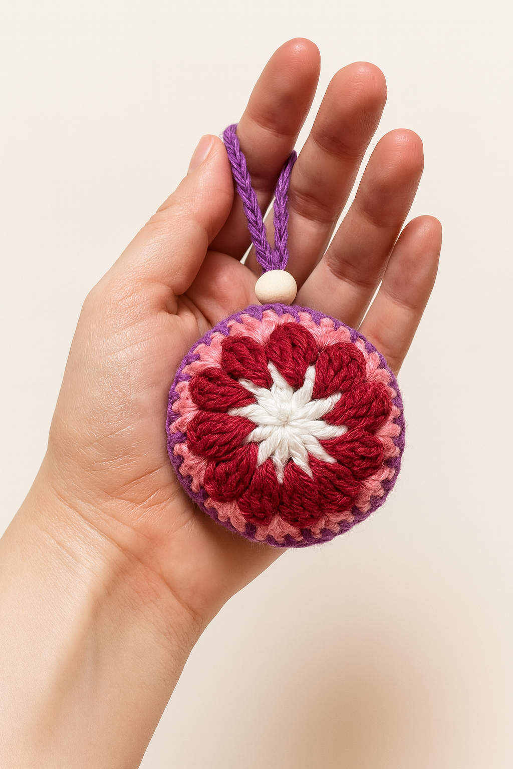 Detalle de textura de la bola flor roja Primer plano de la bola de Navidad tejida a crochet, mostrando el detalle del punto y los colores rojo, rosa y blanco con una cuenta de madera.