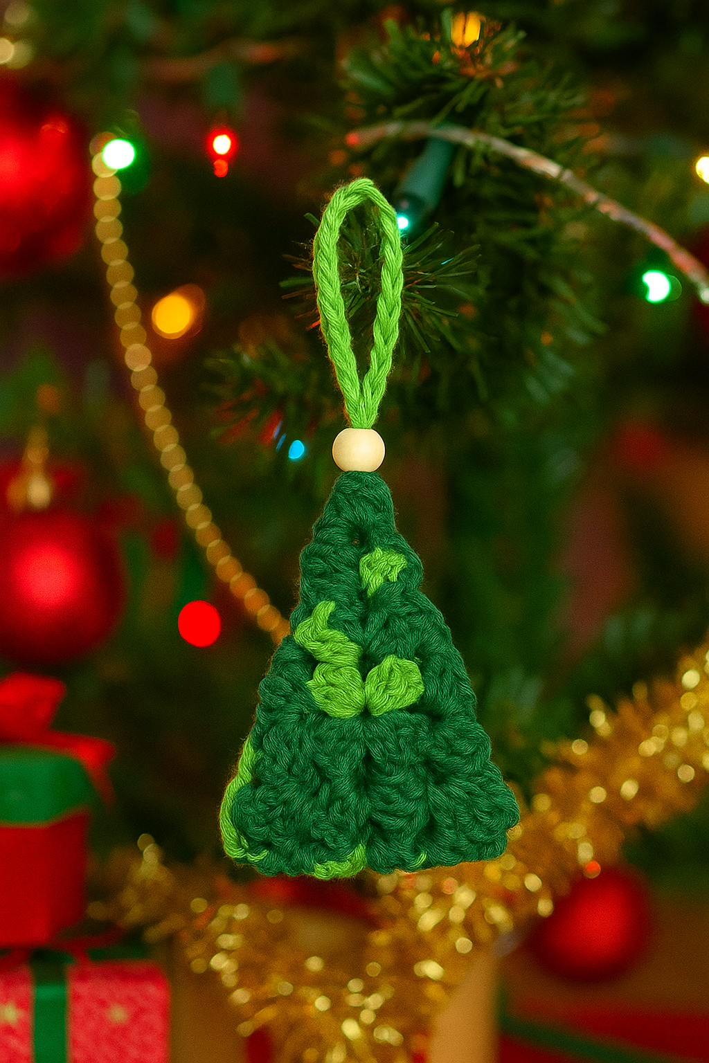 Mini Árbol de Navidad de Crochet en tonos verdes colgado en árbol decorado | Adorno artesanal sostenible – LinkArt Adorno artesanal en forma de árbol de Navidad tejido a crochet con granny square en tonos verdes y detalle de bolita de madera en imagen de contexto