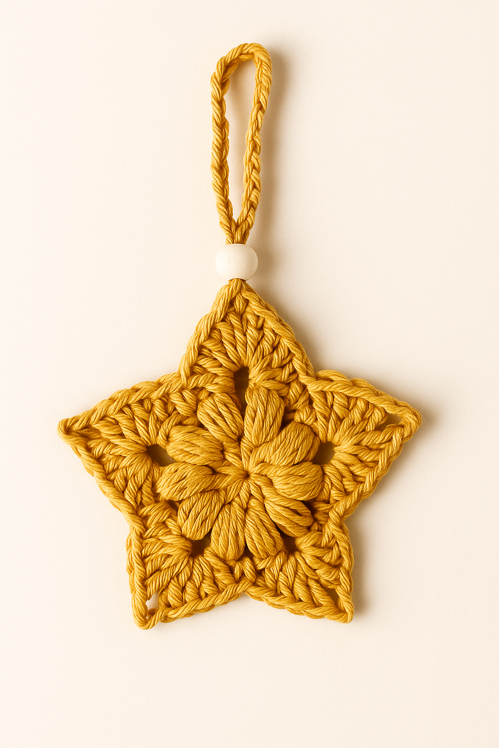 Estrella de Navidad tejida a mano en algodón natural | Decoración artesanal LinkArt Estrella de Navidad tejida a mano en hilo de algodón natural, con cuenta de madera y colgador trenzado, en color mostaza.