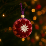 Bola flor roja colgada en árbol de Navidad natural Adorno de crochet bola flor roja colgado en un árbol de Navidad real con luces cálidas, piñas y decoración natural.