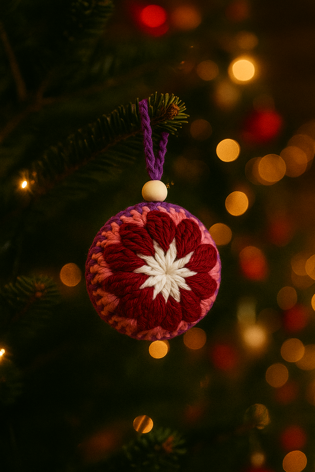 Bola flor roja colgada en árbol de Navidad natural Adorno de crochet bola flor roja colgado en un árbol de Navidad real con luces cálidas, piñas y decoración natural.