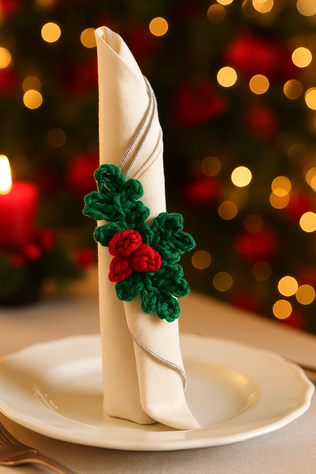 Servilletero de acebo a crochet en mesa navideña acogedora Servilletero de acebo a crochet con hojas verdes y bayas rojas en una mesa de Navidad iluminada con luces cálidas y fondo desenfocado.