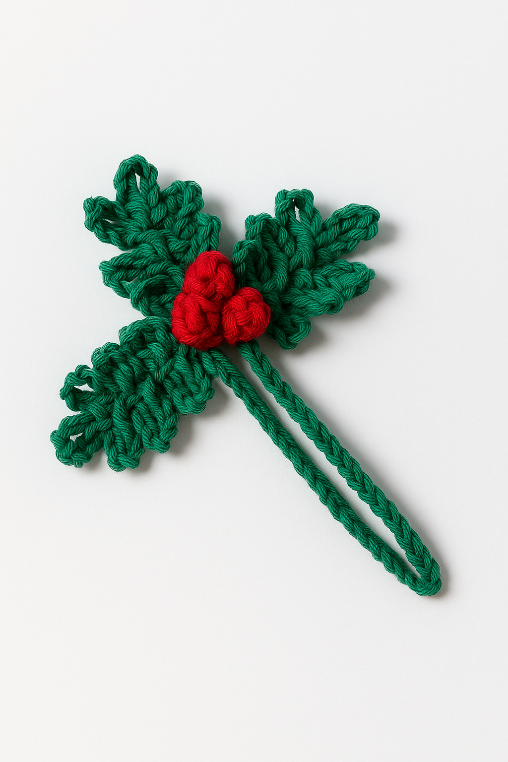 Servilletero de acebo a crochet hecho a mano Servilletero de acebo tejido a crochet, con hojas verdes y bayas rojas sobre fondo blanco.