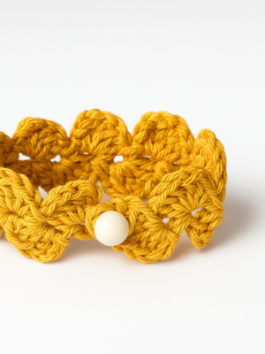 Pulsera artesanal de crochet mostaza tejida a mano con motivo floral y cierre de botón